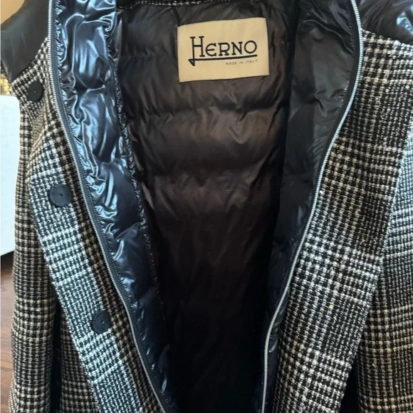Herno Women’s Button Zip Front Glen Plaid Down Quilted Jacket Black White IT 46 - Picture 13 of 16